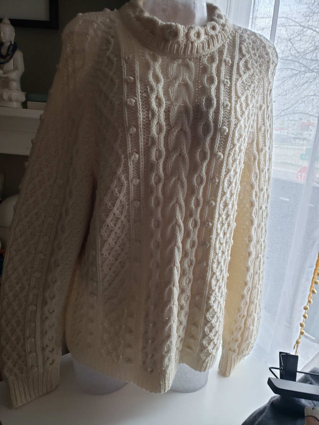 Handmade Wool Cream Cable-Knit Pom Pom Style Women’s Sweater